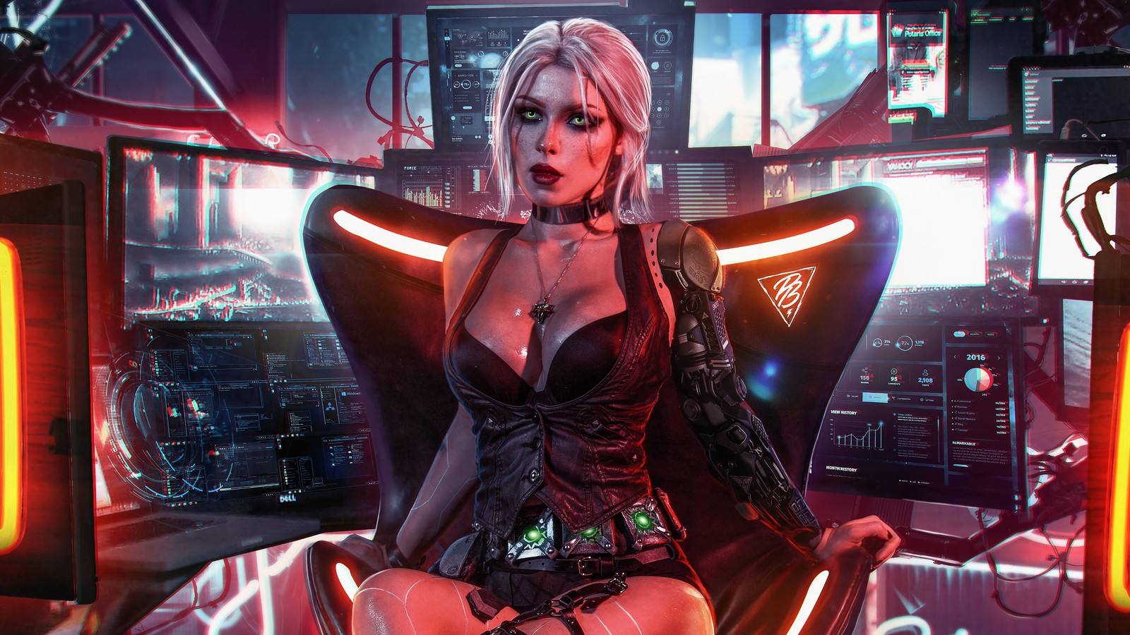 Женщина в корсете сидит на стуле в футуристической комнате (cyberpunk 2077, видеоигра, цири, ciri)