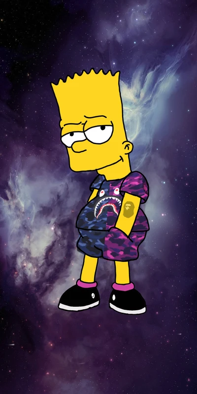 Cool Bart Simpson en BAPE y Supreme contra un fondo cósmico