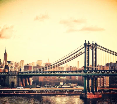 Vista vintage del puente de Manhattan contra el horizonte de la ciudad de Nueva York