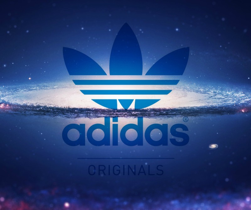 Синий и белый логотип adidas на фоне галактики (бренд, логотип, оригиналы)