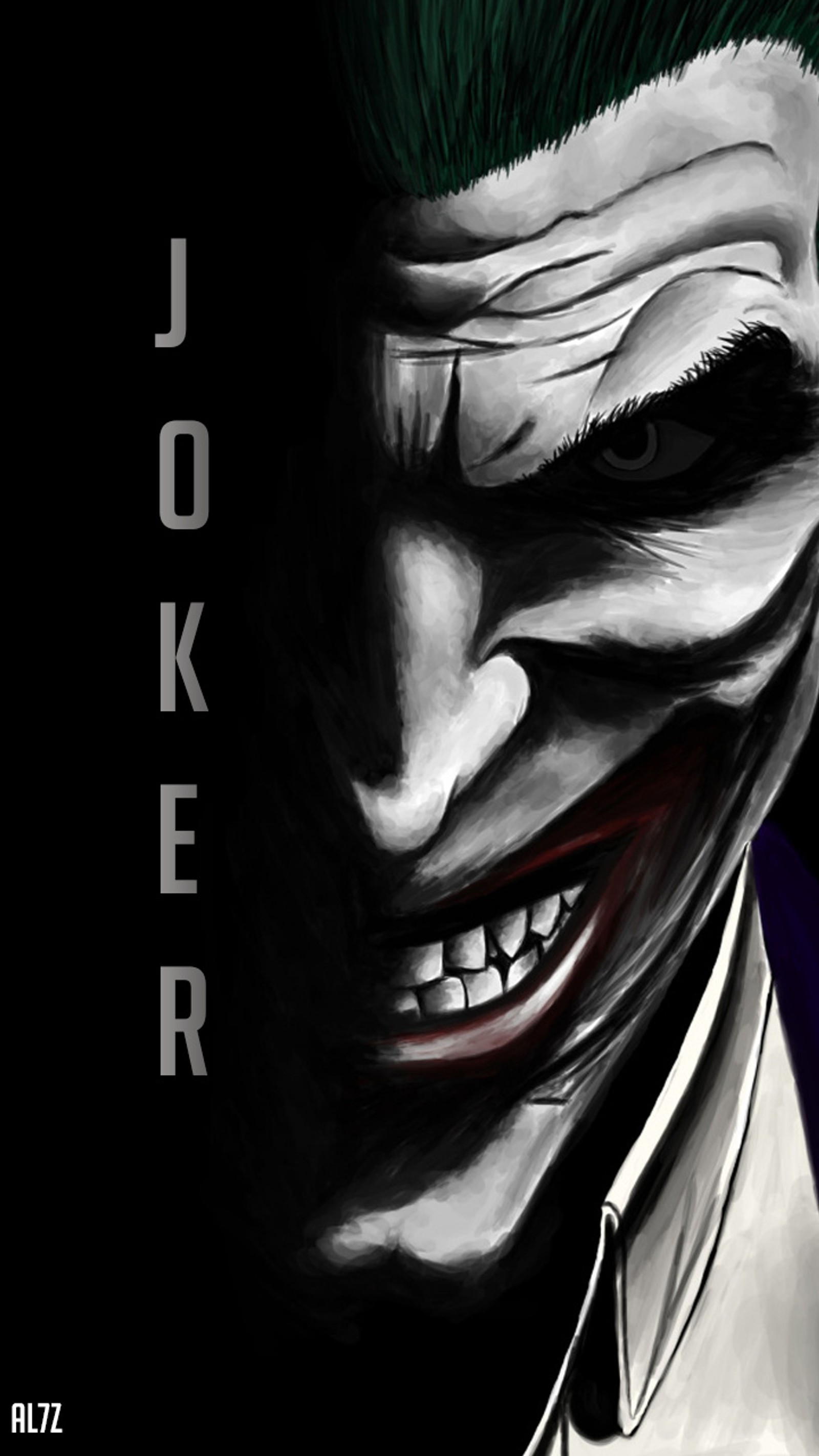 Pintura del joker de un hombre con cabello verde y un mohawk verde (negro, payaso, payasos, chica, joker)