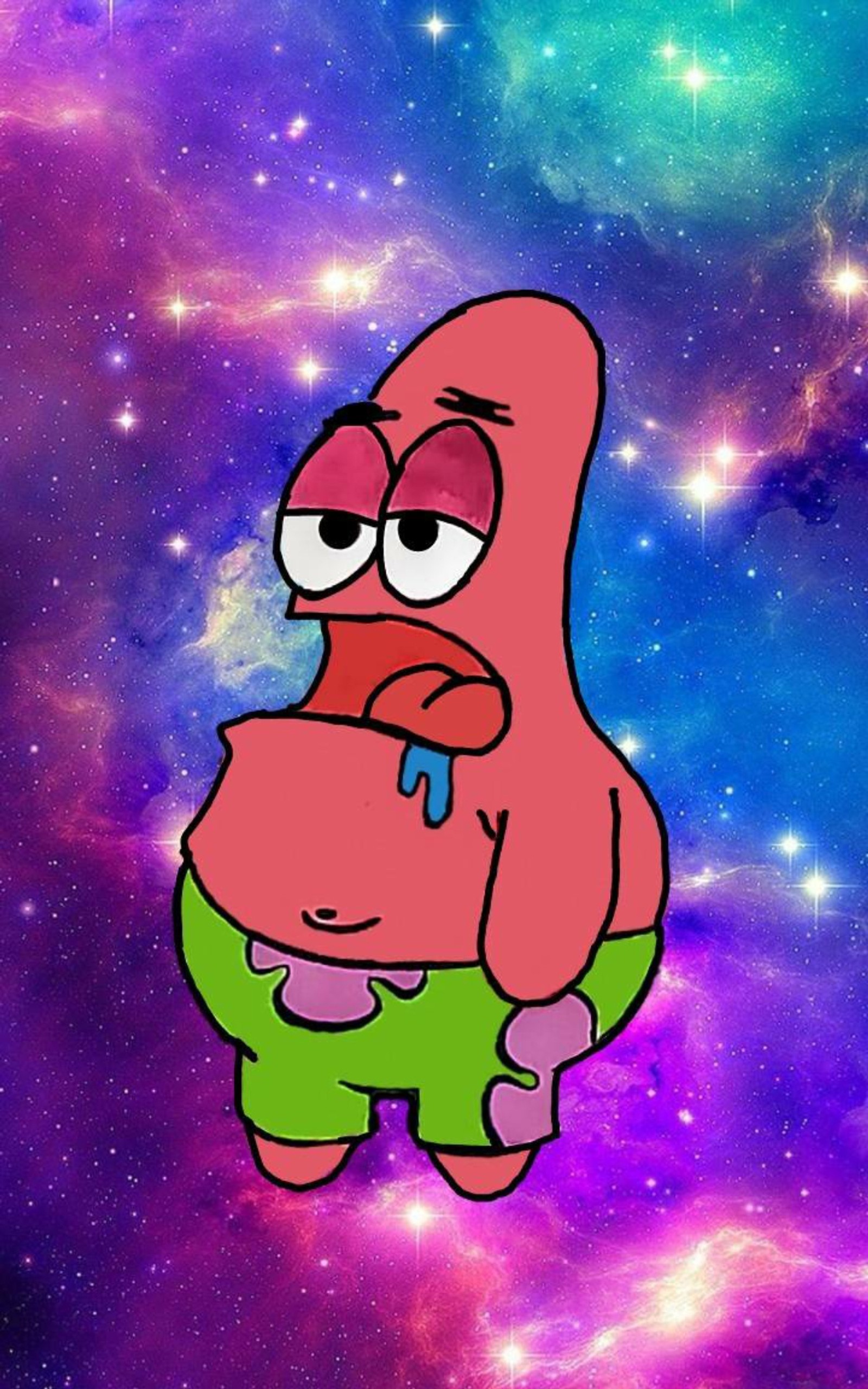 Personaje de dibujos animados con una expresión triste en su rostro frente a un fondo de galaxia (aburrido, patrick star)