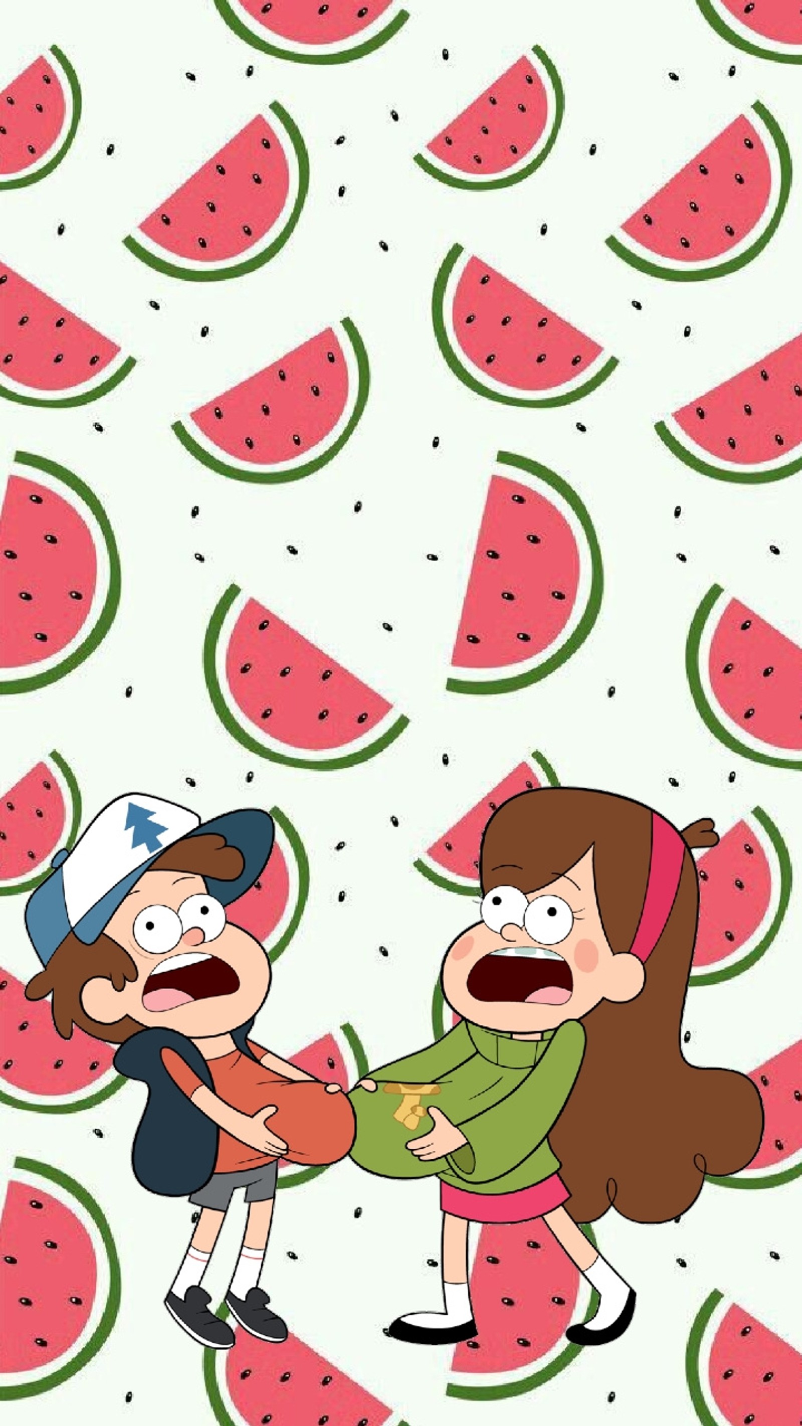 Una niña y un niño de dibujos animados tomados de la mano frente a rodajas de sandía (cucharón, gravity falls, mabel, melón, pato)