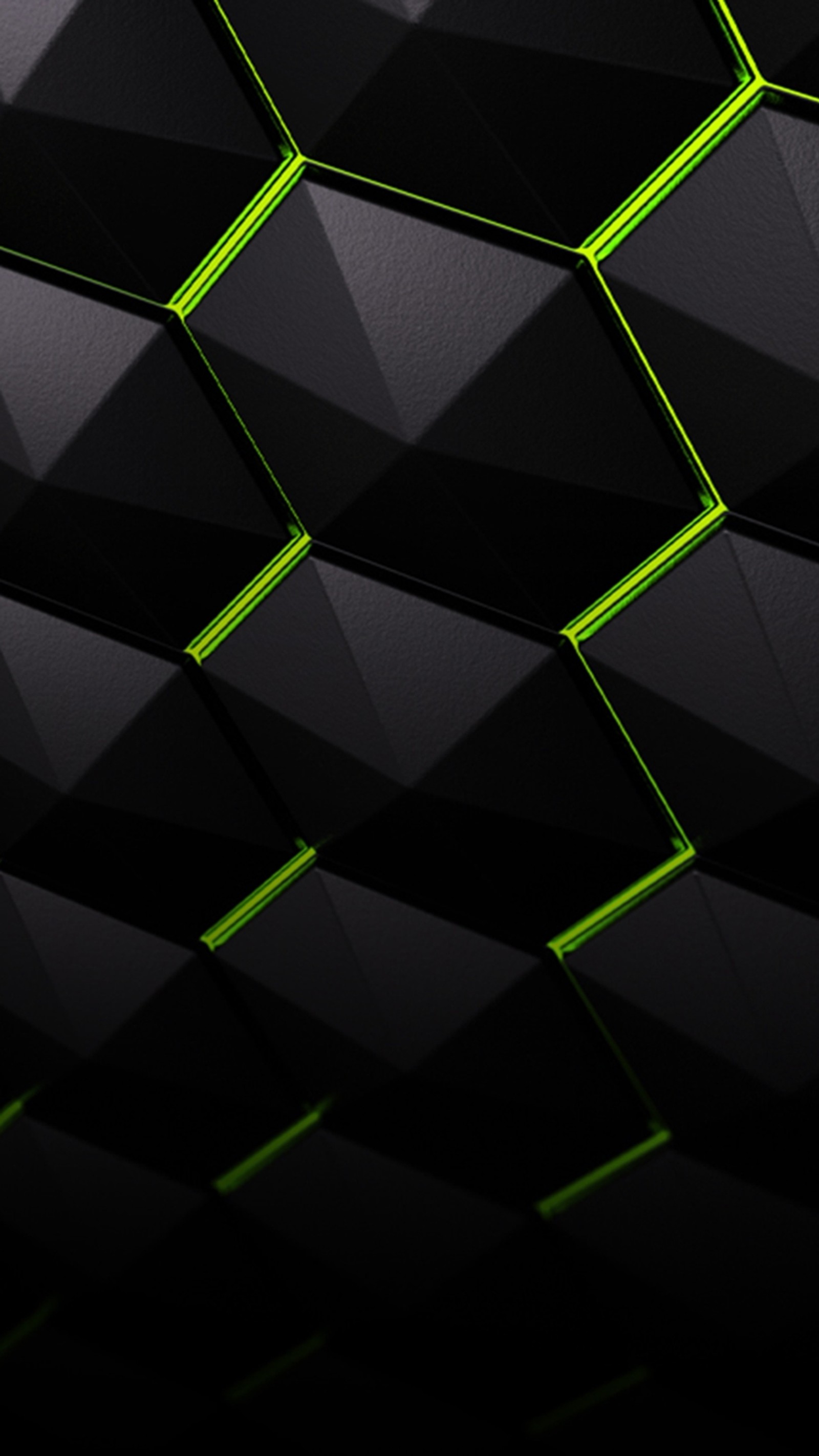 A close up of a black and green wall with a pattern (3d, abstract, hex, nvidia, shield)