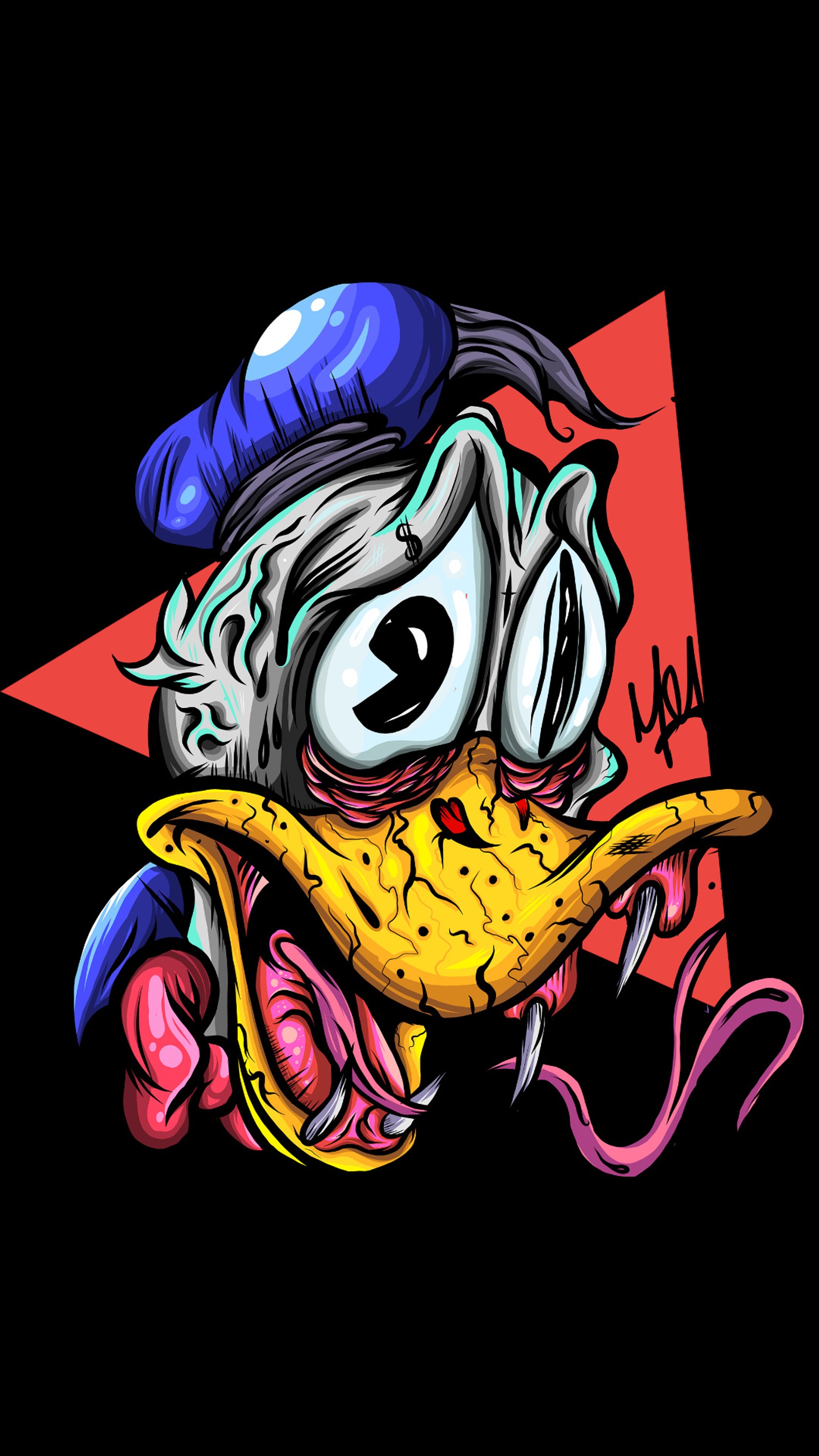 Cartoon illustration of a duck with a hat and a pizza (art, artwork, cool, disney, disneyland)