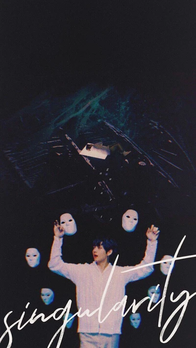 V from BTS in a hauntingly artistic representation of 'Singularity' surrounded by white masks.