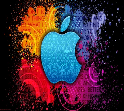 Un fond vibrant et éclaboussé avec le logo emblématique d'Apple, entouré de motifs abstraits et de teintes colorées.