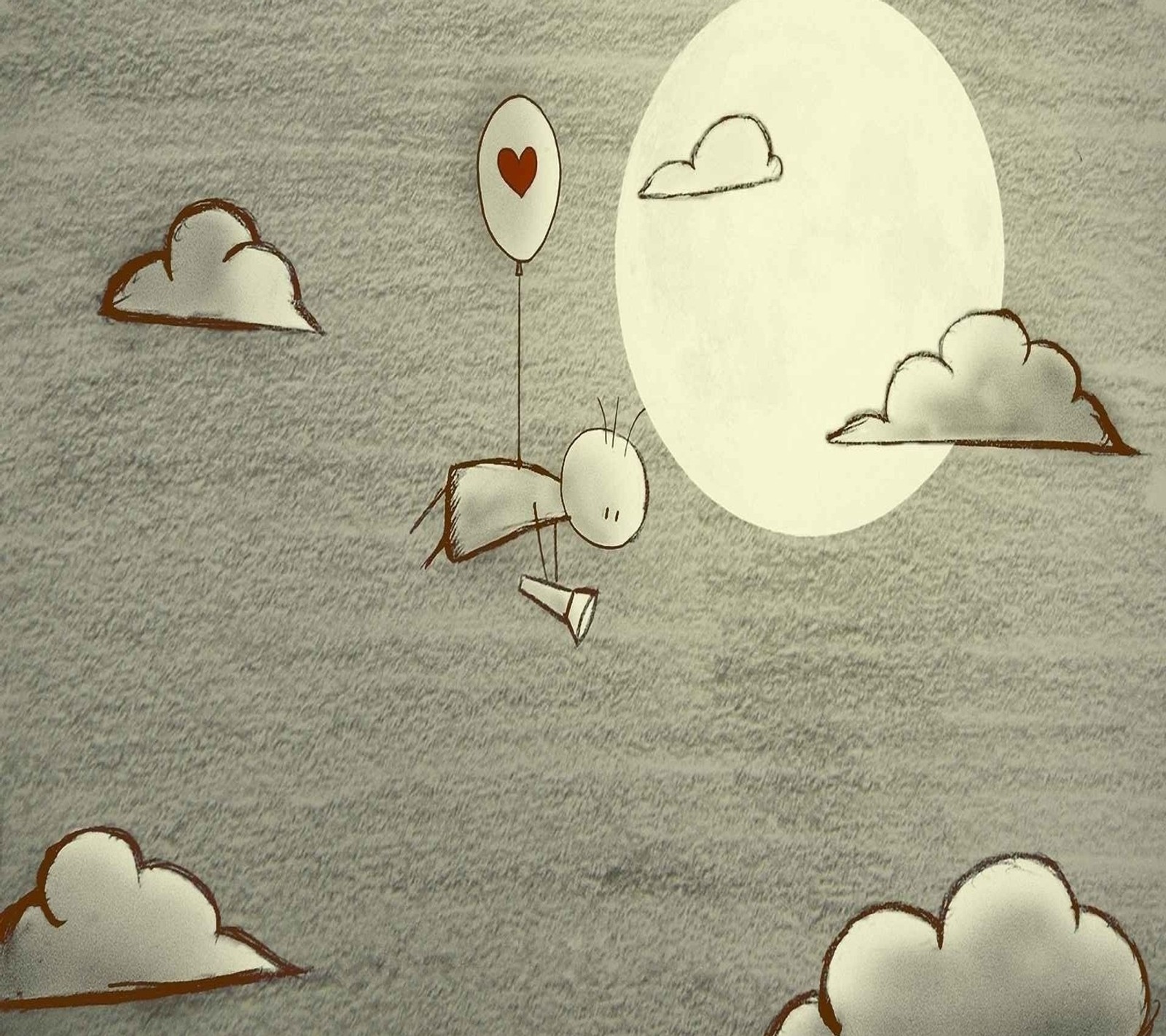 There is a drawing of a person flying a balloon in the sky (cartonns, draw)