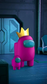 Pink Among Us Character with Crown and Companion