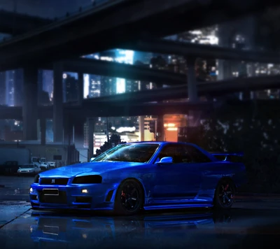 Nissan Skyline dinâmico iluminado em uma paisagem urbana noturna