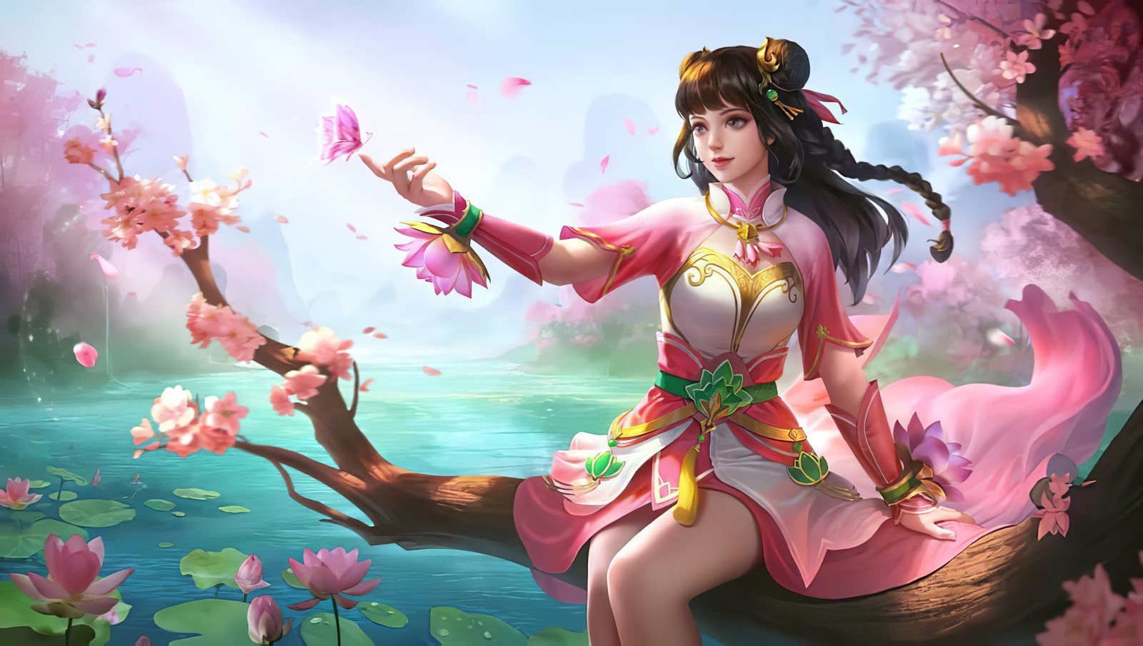 Una mujer en un vestido rosa sentada en una rama de árbol. (ginebra, ml, mobile legends, mobilelegends, rosa)