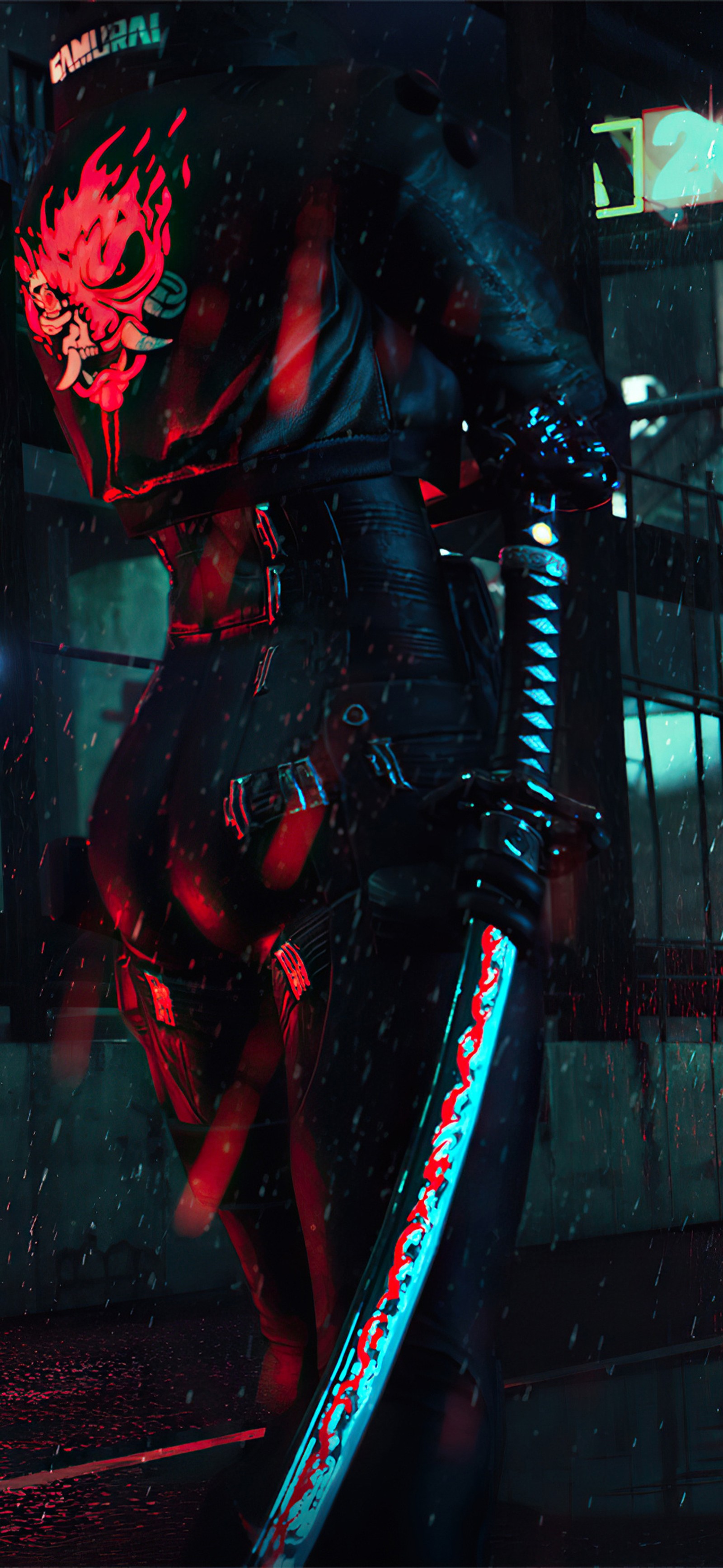 Batman arkham knight en un traje negro con una máscara roja y azul (2077, cyberpunk, juegos, papel tapiz de juegos)