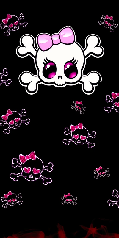 Diseño de calavera juguetona con lazos rosas y ojos en forma de corazón