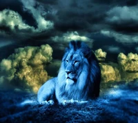 Majestic Lion Against a Dramatic Cloudy Sky Wallpaper