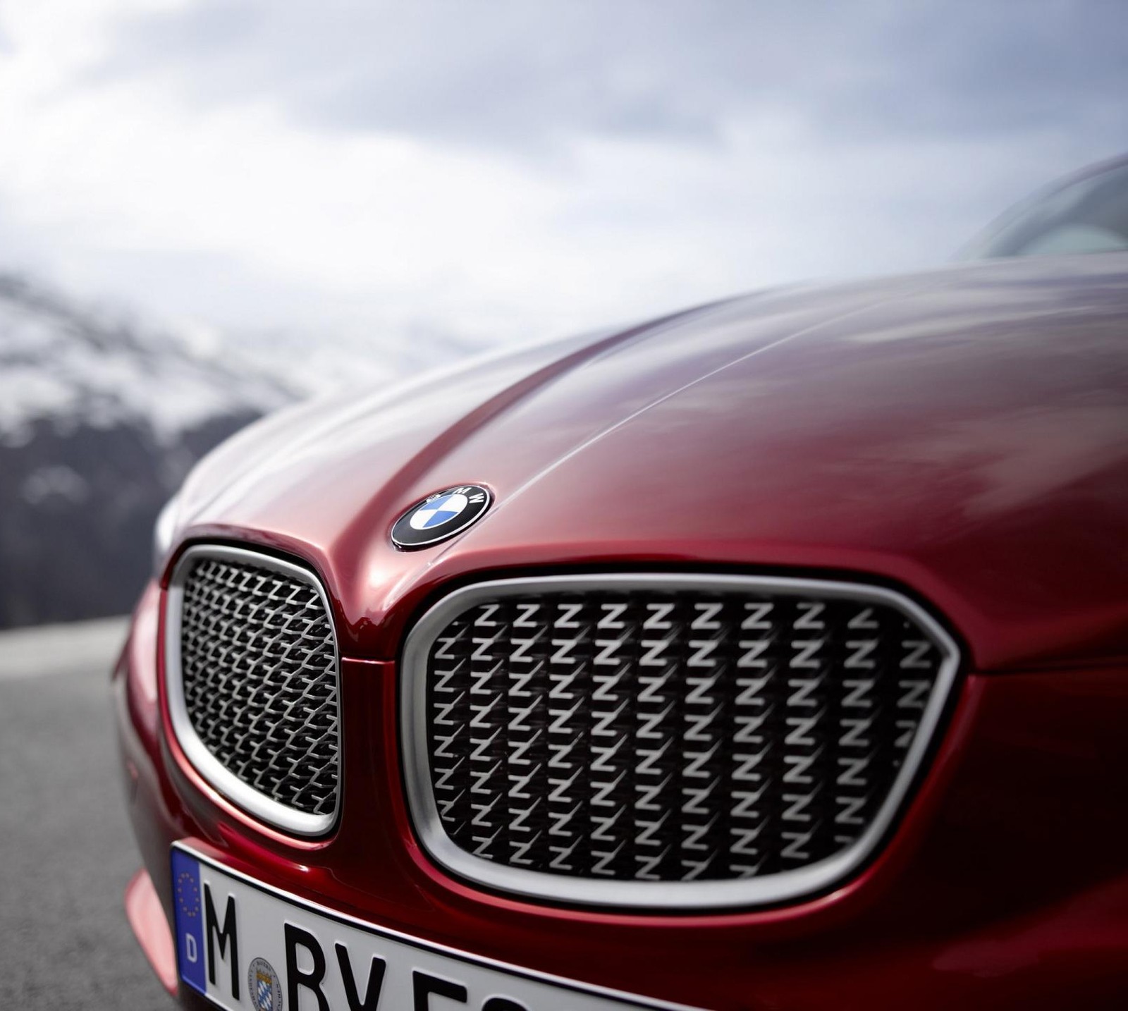 A close up of a red bmw car parked on a road (bmw, car, grill)