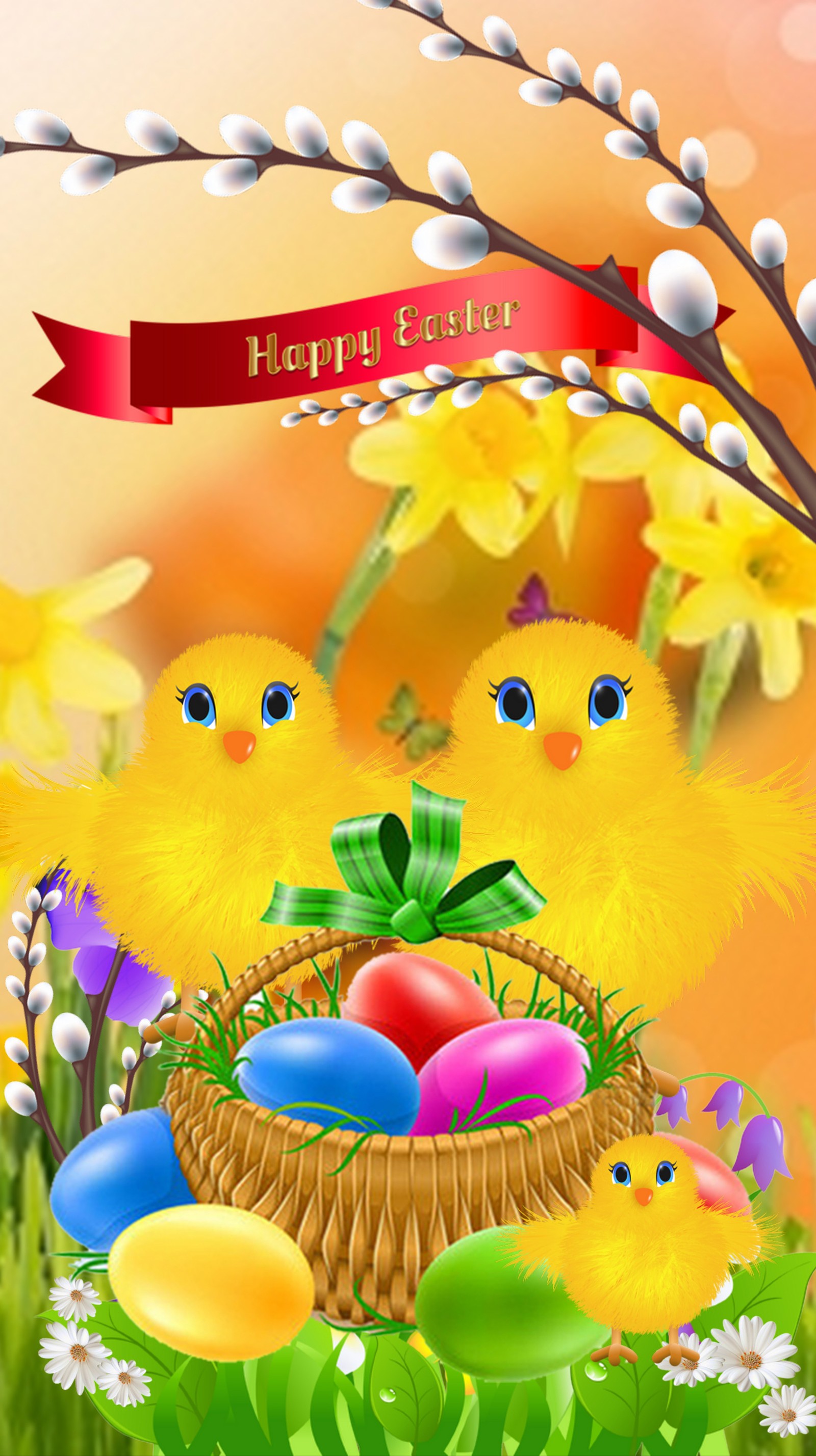 Happy easter card with chicks and eggs in a basket (easter, eggs, happy easter, spring)