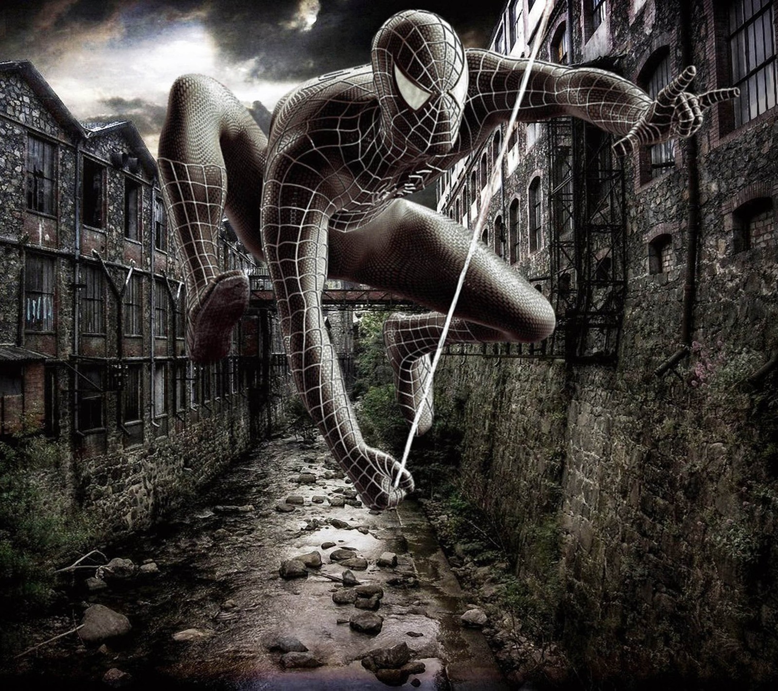 Spider-man suspendu par une corde dans une ruelle de la ville (jeux, film, spider man)