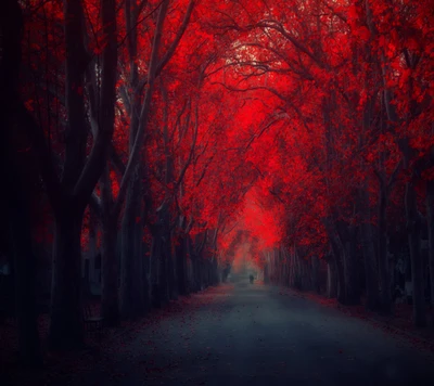 Sentier d'automne à travers des arbres rouges flamboyants