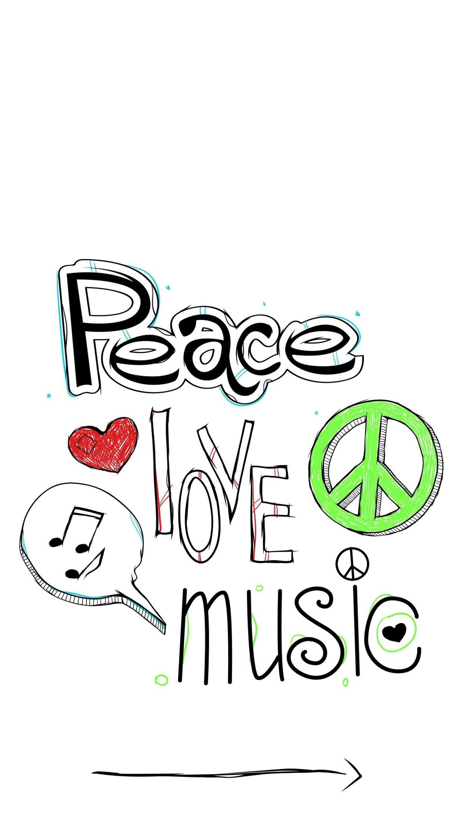 A drawing of a peace sign with a peace love music message (love, music, peace)