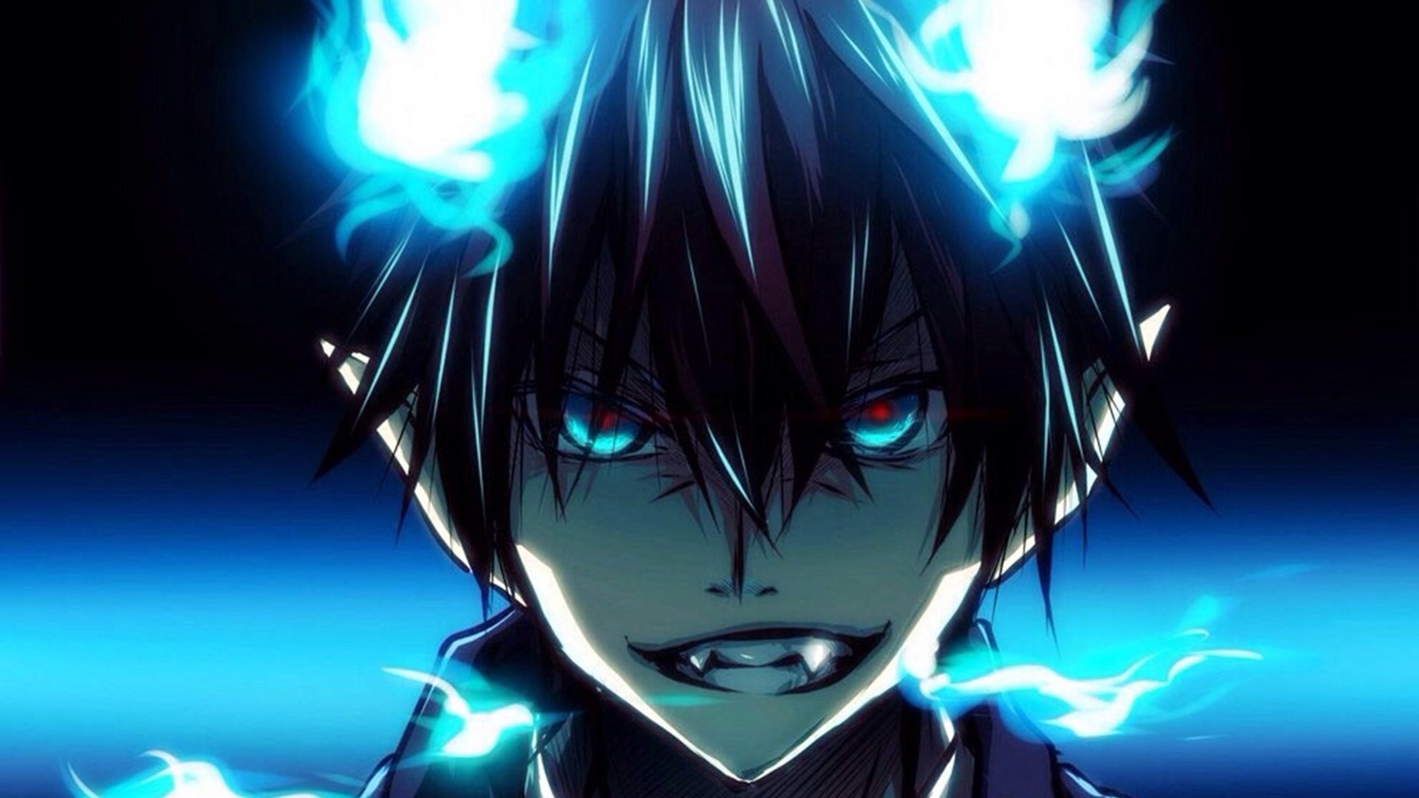 Gros plan d'une personne avec des yeux bleus et un visage de démon. (ao, ao no exorcist, bleu, blue exorcist, feu bleu)