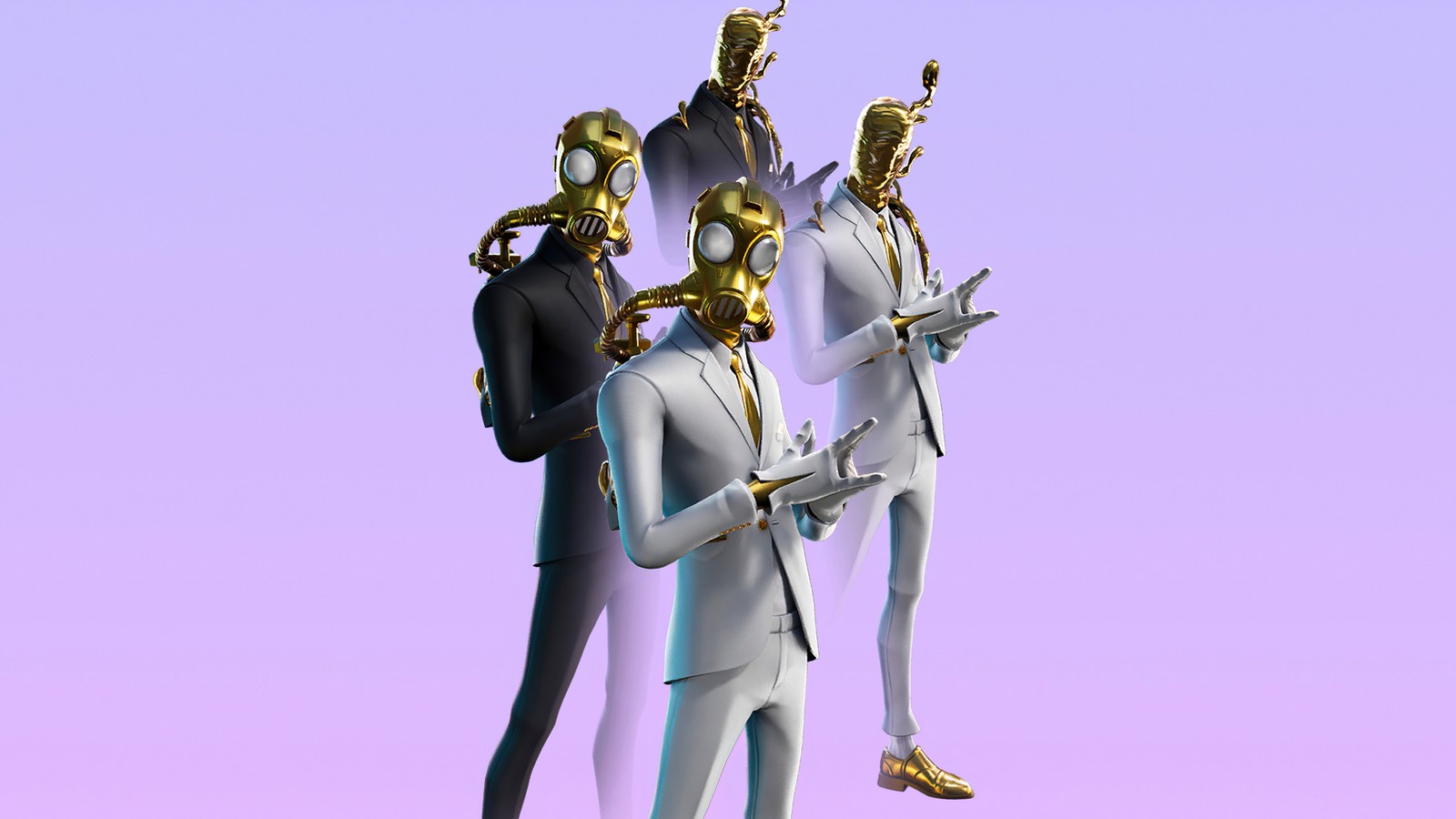 Trois hommes en costumes et masques dorés se tiennent ensemble (fortnite, fortnite battle royale, jeu vidéo, ghost chaos agent, peau)