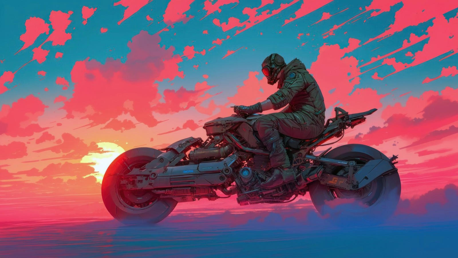 Lade cyberpunk, sci fi, motorad, sonnenuntergang Hintergrund herunter