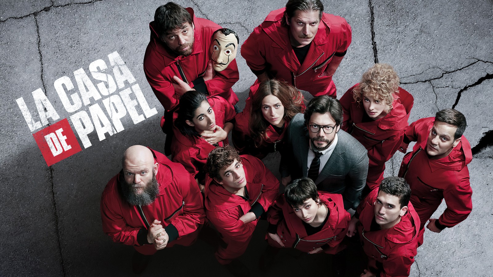 Eine gruppe von menschen in rot steht im kreis (la casa de papel, fernsehserie, haus des geldes, money heist, 5k)