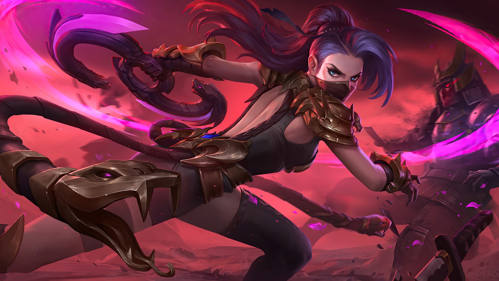 Une femme en tenue noire tenant une épée violette et noire (hanabi, vipère, peau, mobile legends, bang bang)