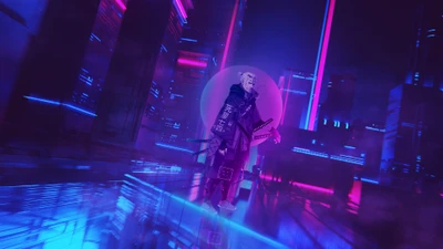 Geralt dans une ville cyberpunk néon avec katana