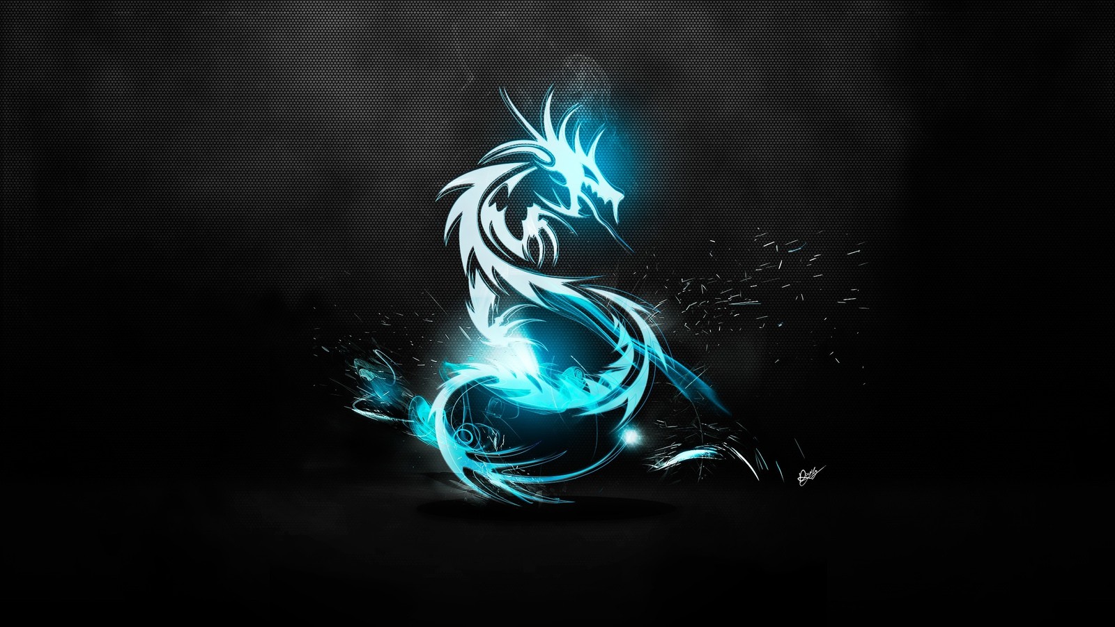 A blue dragon with glowing wings on a black background (dragon, graphic design, electric blue, fractal art, organism)