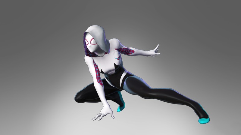 Крупный план человека в костюме паука, прыгающего (гвен паук, spider gwen, марвел ультимативный альянс 3, марвел ультимейт альянс 3 черный орден, marvel ultimate alliance 3 the black order)