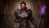 Mago masculino sosteniendo un libro de hechizos y un bastón, adornado con una armadura oscura y ornamentada, contra un fondo místico de Diablo Immortal.