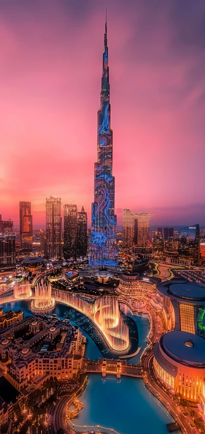 Paysage urbain époustouflant de Dubaï au crépuscule avec le Burj Khalifa et la Fontaine de Dubaï