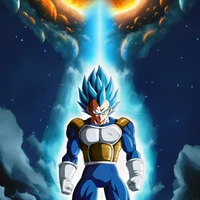 Vegeta in Super Saiyan Blue form, radiating intense energy against a cosmic backdrop.