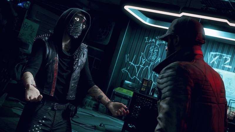 Пара людей, стоящих в комнате с неоновыми огнями (watch dogs легион, watch dogs legion, кровная линия, видеоигра, ключ)