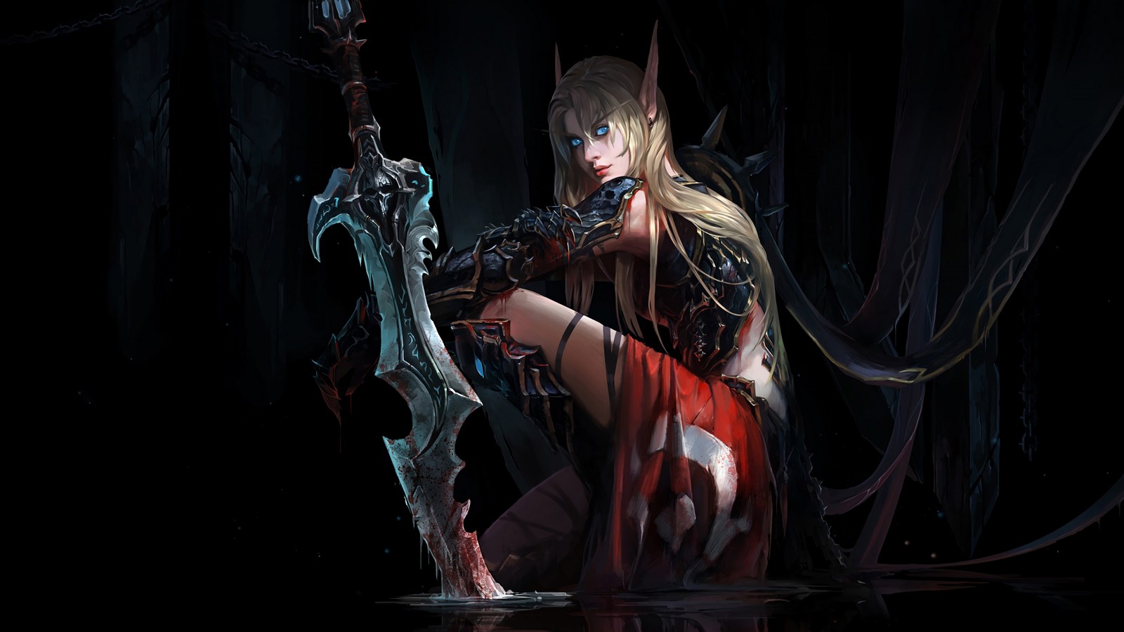 fantasy, night, elf, sword, girls wallpaper