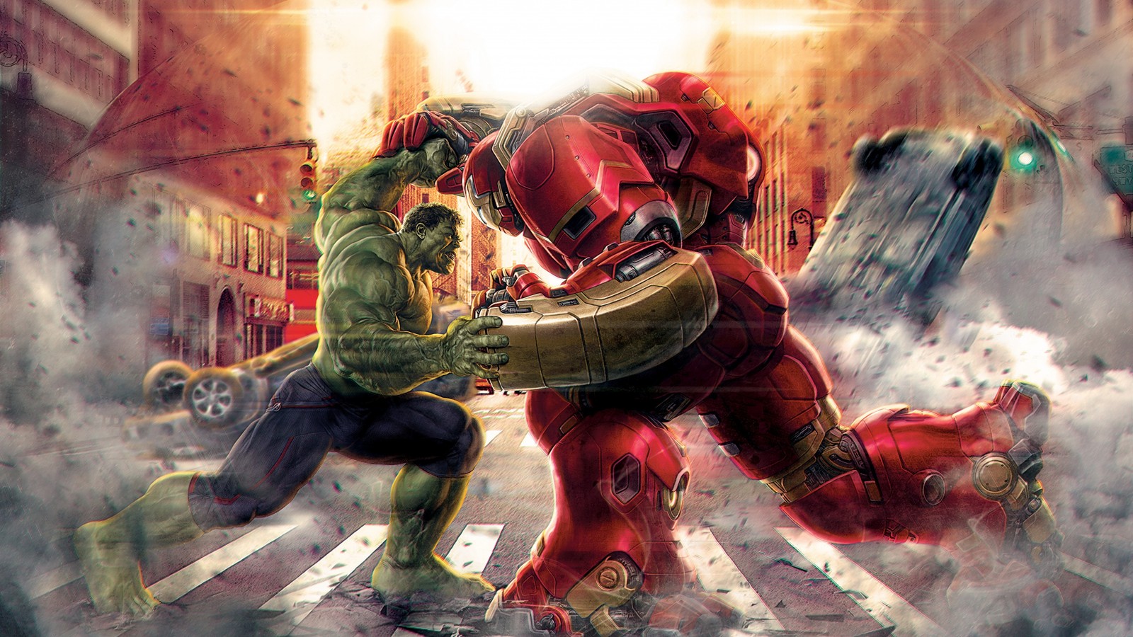 Hulk et iron man se battent au milieu d'une rue de la ville (hulk, les vengeurs, the avengers, pc game, arts créatifs)