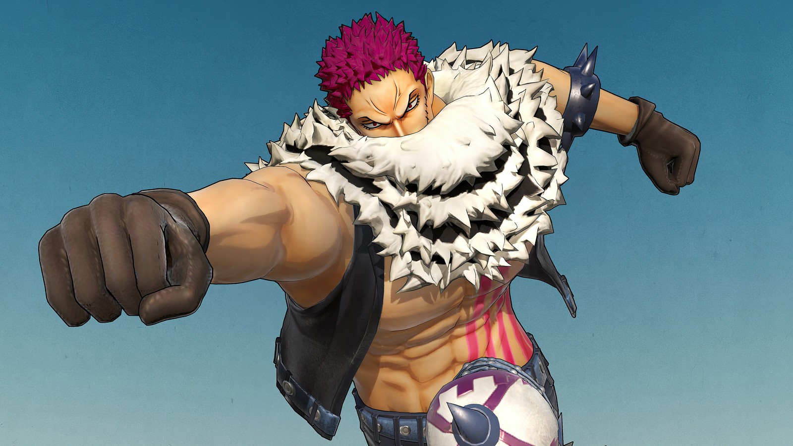 Un primer plano de un personaje de dibujos animados con un mohawk rosa (charlotte katakuri, one piece pirate warriors 4, videojuego)