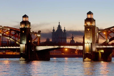 wahrzeichen, brücke, stadt, wasserstraße, abend