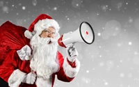 Papai Noel com um megafone, espalhando alegria natalina em meio a flocos de neve caindo.