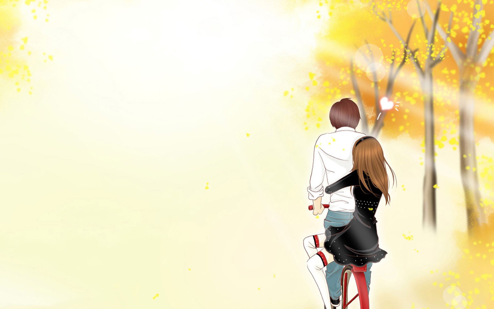 Hay un hombre y una mujer montando en bicicleta en el bosque. (romance, anime, ilustración, amarillo, foto instantánea)