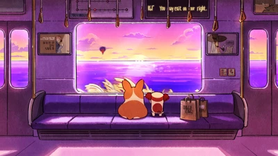 Corgis profitant d'un trajet en train au coucher du soleil