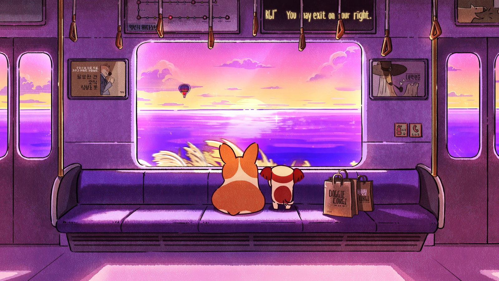 corgi, dog, train, sunset, digital art wallpaper