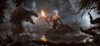 A fierce woman warrior confronts a menacing demon in a dark, misty swamp, brandishing a torch amidst a haunting, mythical landscape inspired by "The Witcher 3: Wild Hunt.