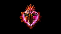 A vibrant heart-shaped emblem featuring an open book and guns, adorned with flowers and glowing accents.