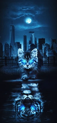 Enigmática felidae de pelaje azul reflejándose en el agua contra un paisaje urbano iluminado por la luna