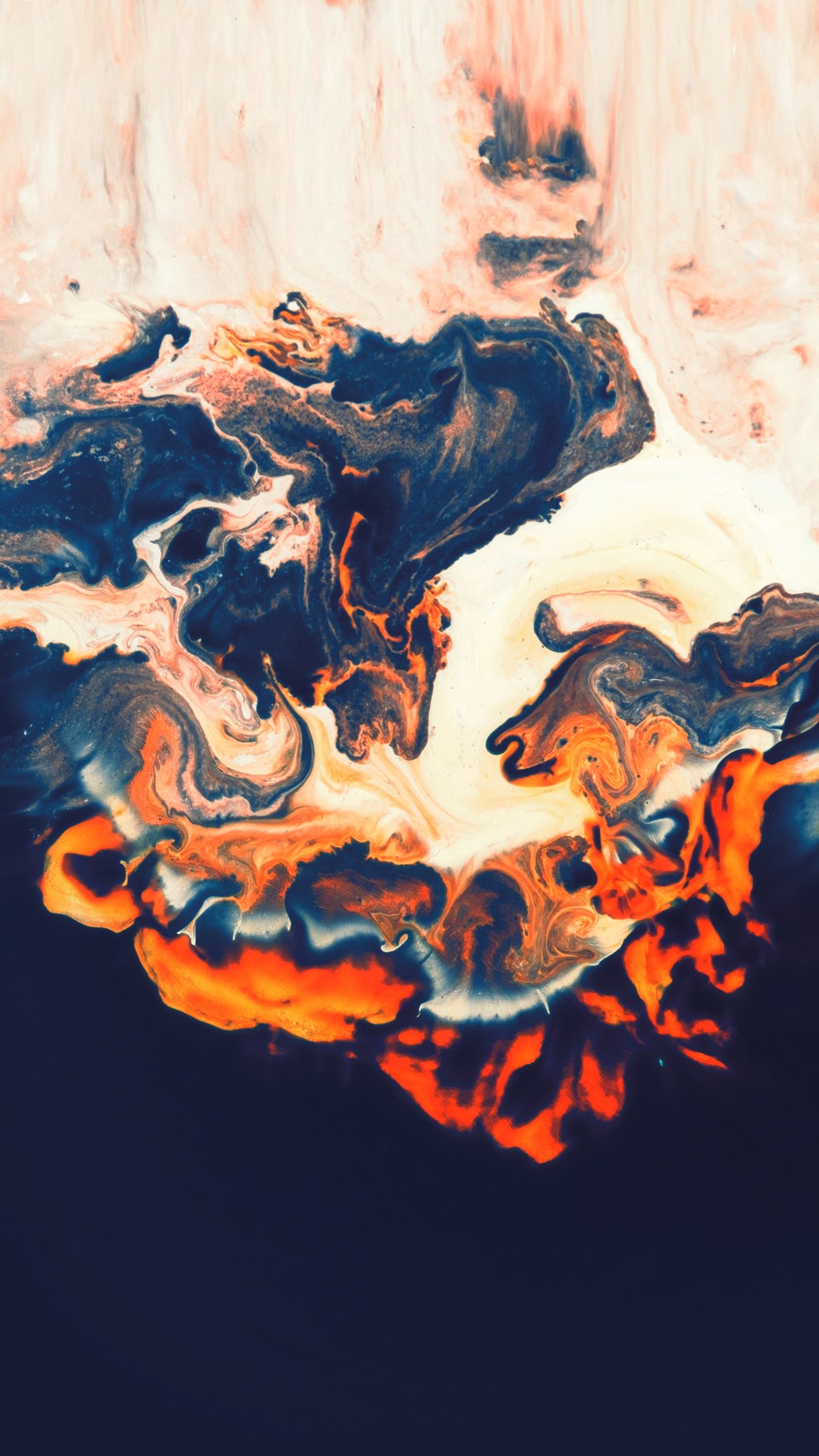 There is a painting of a black and orange substance on a black surface (android, orange, liquid, art, world)