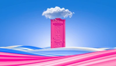 Porta rosa surrealista em meio a ondas coloridas e um céu de sonho