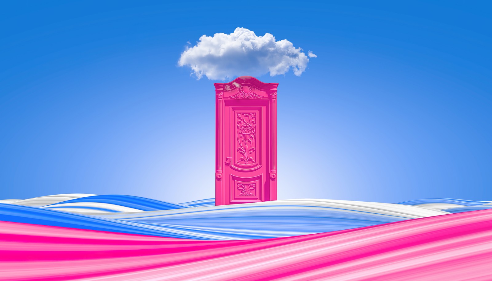 Descargar fondo de pantalla pink door, nubes, olas, colorido, cielo azul