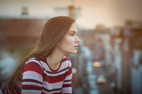 cityscape, hair, face, beauty, red